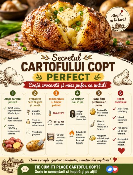 Secretul cartofului copt perfect. Coajă crocantă și miez pufos ca untul!