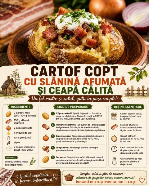 Cartof copt cu slănină afumată și ceapă călită. Un fel rustic și sătul, gata în pași simpli