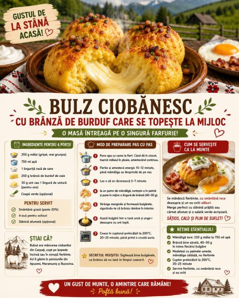 Bulz ciobănesc cu brânză de burduf care se topește la mijloc. Gustul de la stână acasă!