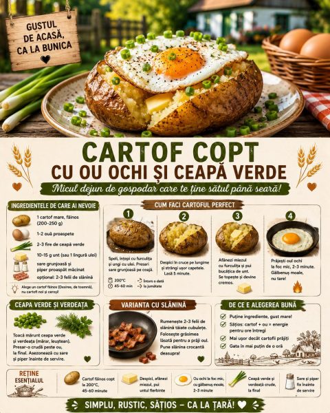 Cartof copt cu ou ochi și ceapă verde. Micul dejun de gospodar care te ține sătul până seară!