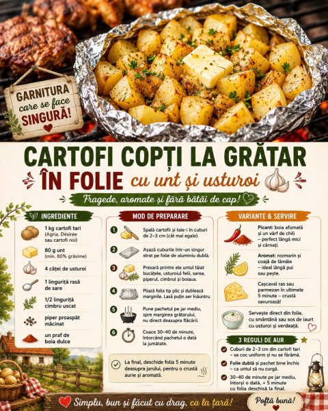 Cartofi copți la grătar în folie cu unt și usturoi. Garnitura care se face singură!