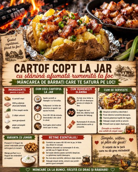 Cartof copt la jar cu slănină afumată rumenită la foc. Mâncarea de bărbați care te satură pe loc!