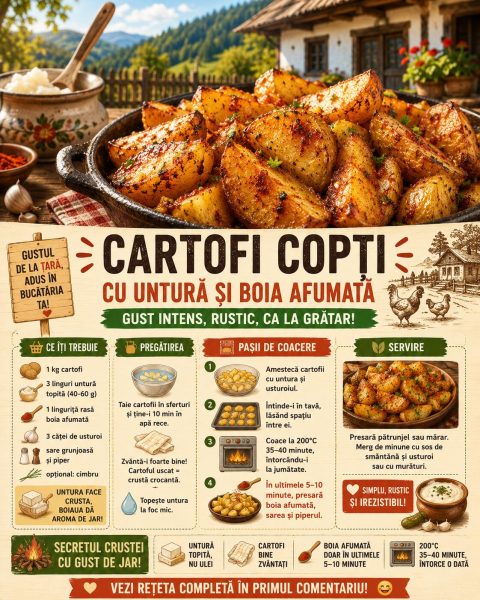 Cartofi copți cu untură și boia afumată. Iată secretul crustei cu gust de jar!