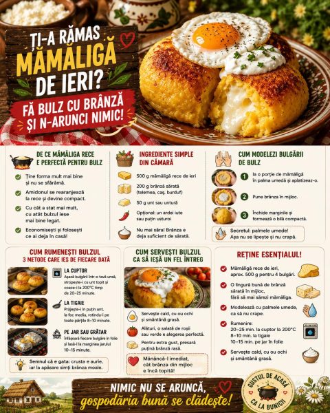 Ți-a rămas mămăligă de ieri? Fă bulz cu brânză și n-arunci nimic!