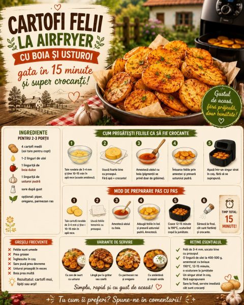 Cartofi felii la airfryer cu boia și usturoi, gata în 15 minute și super crocanți!